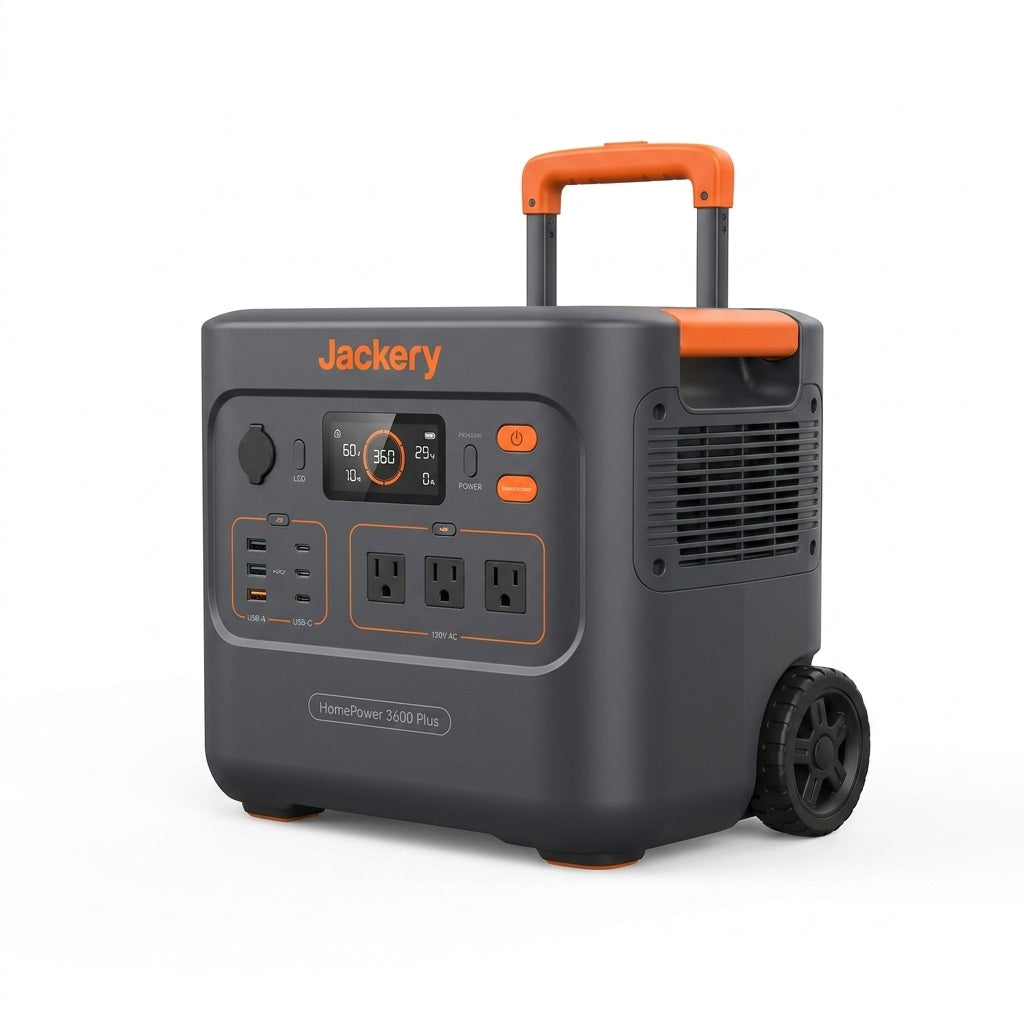 Jackery Homepower 3600 plus Portable Power Station with 2X 200W Solar Panels, 3600W AC Output, 3584Wh LFP Solar Generator, Expandable up to 21Kwh, Essential Home Backup for Home Use, Emergencies, RV — Studio Shot